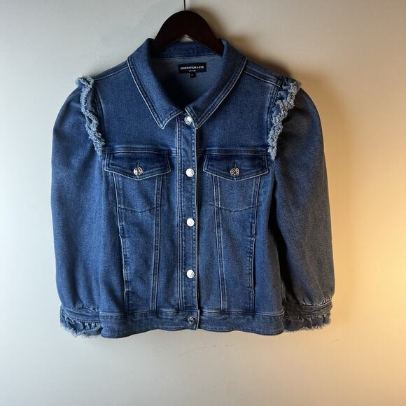 Generation Love Denim Jacket M Puff Sleeve Raw Hem - Picture 2 of 11